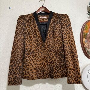 Vintage Allegra K Leopard Print Blazer Jacket Pockets Brown XS Extra Small‎